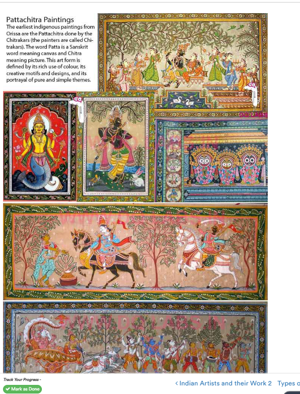 <p>The earliest indigenous paintings from Orissa are done by the Chitrakars. Patta is a Sanskrit word meaning canvas, and Chitra meaning picture. The art form is defined by its rich use of colour, creative motifs and designs, and its portrayal of pure and simple themes. From what I see there’s a use of borders in all the works. </p>