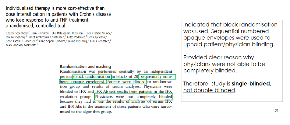 <p>How was randomisation and blinding handled in the Crohn's disease RCT?</p>