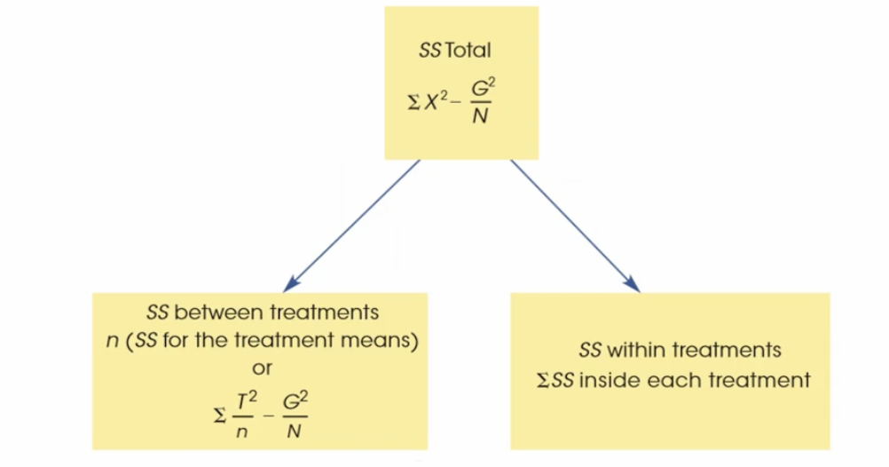 <ul><li><p>M, T, and SS <strong><em>for each cell</em></strong></p></li><li><p><strong>calculate T for each row and column</strong></p></li><li><p>calculate N, G, and sum(X²)</p></li><li><p>calculate for SS tot, SS between and SS within treatments</p></li><li><p>df tot = N - 1, df between = numbers of cells - 1, df within = tot df of each cell</p></li><li><p>Calculate for the MS within treatment</p><ul><li><p>Denominator will be the same for all three F ratios going forward</p></li></ul></li></ul><p></p>