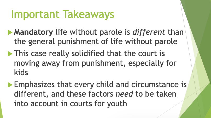<p>It rejected one-size-fits-all extreme sentencing for juveniles and required courts to consider youthfulness and circumstances—showing a shift toward <strong>proportionality and individualized treatment</strong> rather than automatic harsh punishment.</p><ul><li><p>This case set a precedent for ensuring that juvenile sentencing reflects the developmental differences of youth, emphasizing rehabilitation over strict punishment. </p></li></ul><p></p>