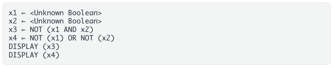 <p>Consider the code segment below. What is the output of the program?</p><p>A. true, true</p><p>B. false, false</p><p>C. true, false</p><p>D. x3 will always equal x4</p>