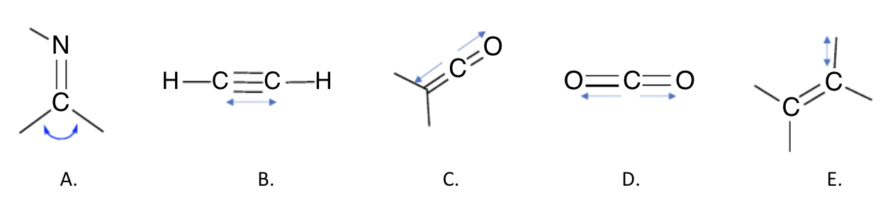 <p>which of the vibrations won’t have a detectable IR absorption in the range usually associated with an absorption? (select all that apply)</p>