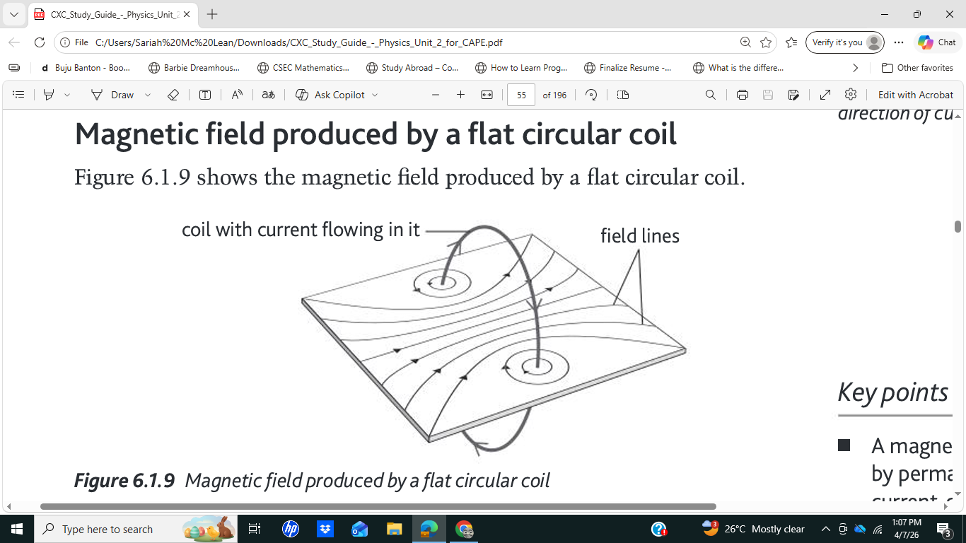 <p>B = μ₀NI / 2r</p><p>Where N = number of turns </p><p>μ₀ = permeability of free space /Hm<sup>-1</sup></p><p>I = current/A</p><p>r = perperdicular distance from conductor/m</p>