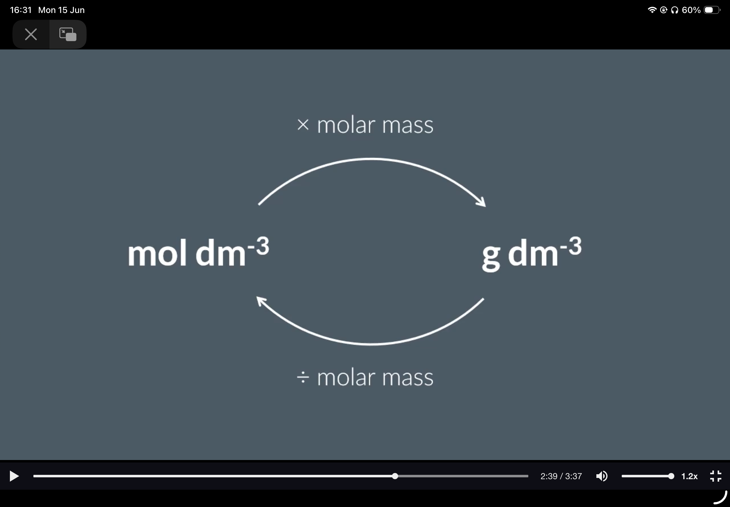 <ol><li><p>6 g dm*-3. 2. Multiply 3. Molar mass 4. Divide. 5. Molar mass</p><ol start="6"><li><p>2. 3.5 Mol dm-3</p></li></ol></li></ol><p></p>
