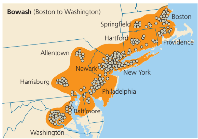 <p>separate urban areas some- times merge</p><p></p><p>For example, the remaining open spaces between the U.S. cities of Boston, Massachusetts, and Washington, D.C., are rap- idly urbanizing and coalescing.</p>