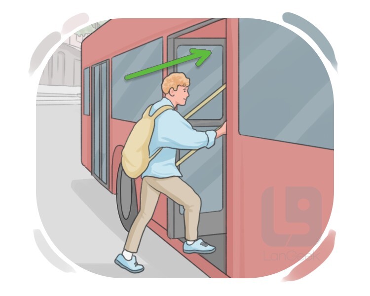 <p><strong>to enter a bus, train, or plane</strong></p><p><span><em>She ___________ the bus at the station.</em></span></p>