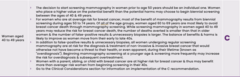 <p>Women ages 50-74: Biennial (every 2 years) screening mammography is recommended (Grade B).</p><p>Women ages 40-49: The decision to begin screening before age 50 should be individualized based on patient values, risk factors, and potential benefits/harms (Grade C)... more on this in slides</p>