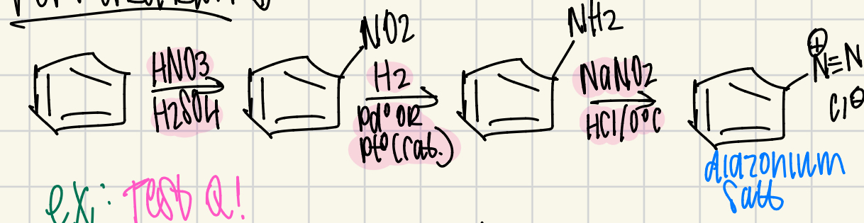 <p>Everything is on Benzene!!!</p><p>1. HNO<sub>3</sub>/H<sub>2</sub>SO<sub>4</sub> = NO<sub>2</sub></p><p>2. H<sub>2</sub>/Pd or Pt = NH<sub>2</sub></p><p>3. NaNO<sub>2</sub>/HCl/0ºC = N Triple Bond N <strong>or</strong> Diazonium salt</p><p></p>