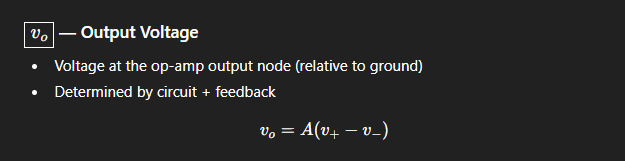 <p>The output voltage for an op-amp circuit is the voltage at the output node, which is determined by the input voltages and the gain of the op amp. </p><p></p><p></p>