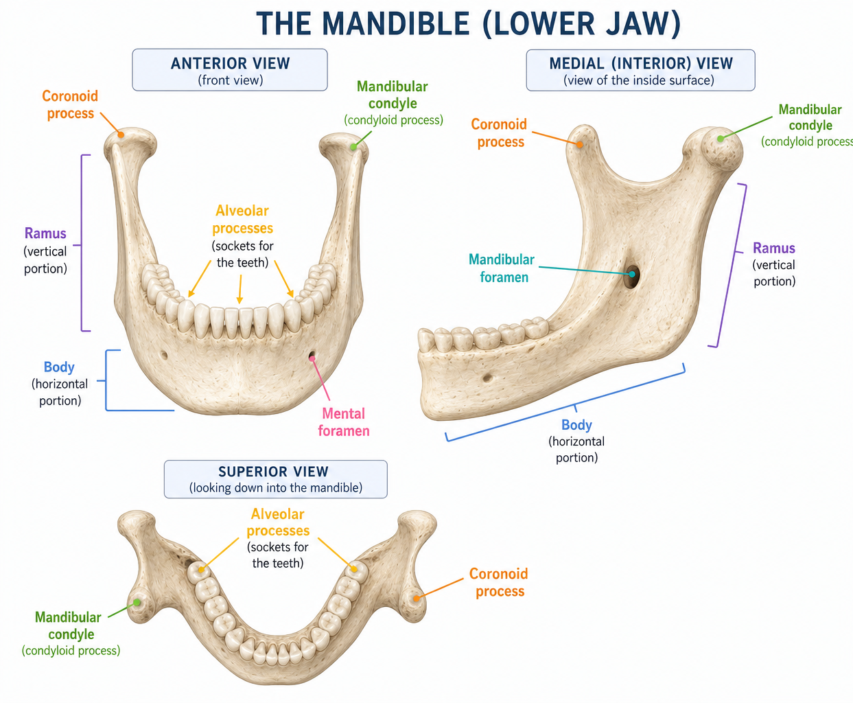<p>part of mandible</p><p>body is <strong>horizontal portion</strong> </p><p>ramus is <strong>vertical portion </strong></p>