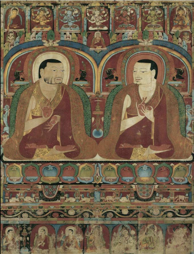 <ul><li><p>Teacher-disciple relationship</p><ul><li><p>Phakmo Drupa (left), Tashipel (right), Gampopa (center)</p></li><li><p>Attempts to visually differentiate between figures, based on some sort of likeness</p></li></ul></li><li><p>central teacher figure looking forward</p></li><li><p>Book in between, with stupa on tip</p></li><li><p>esoteric form of Tatagathas along top?</p></li><li><p>Importance of lineage</p></li></ul><p></p>