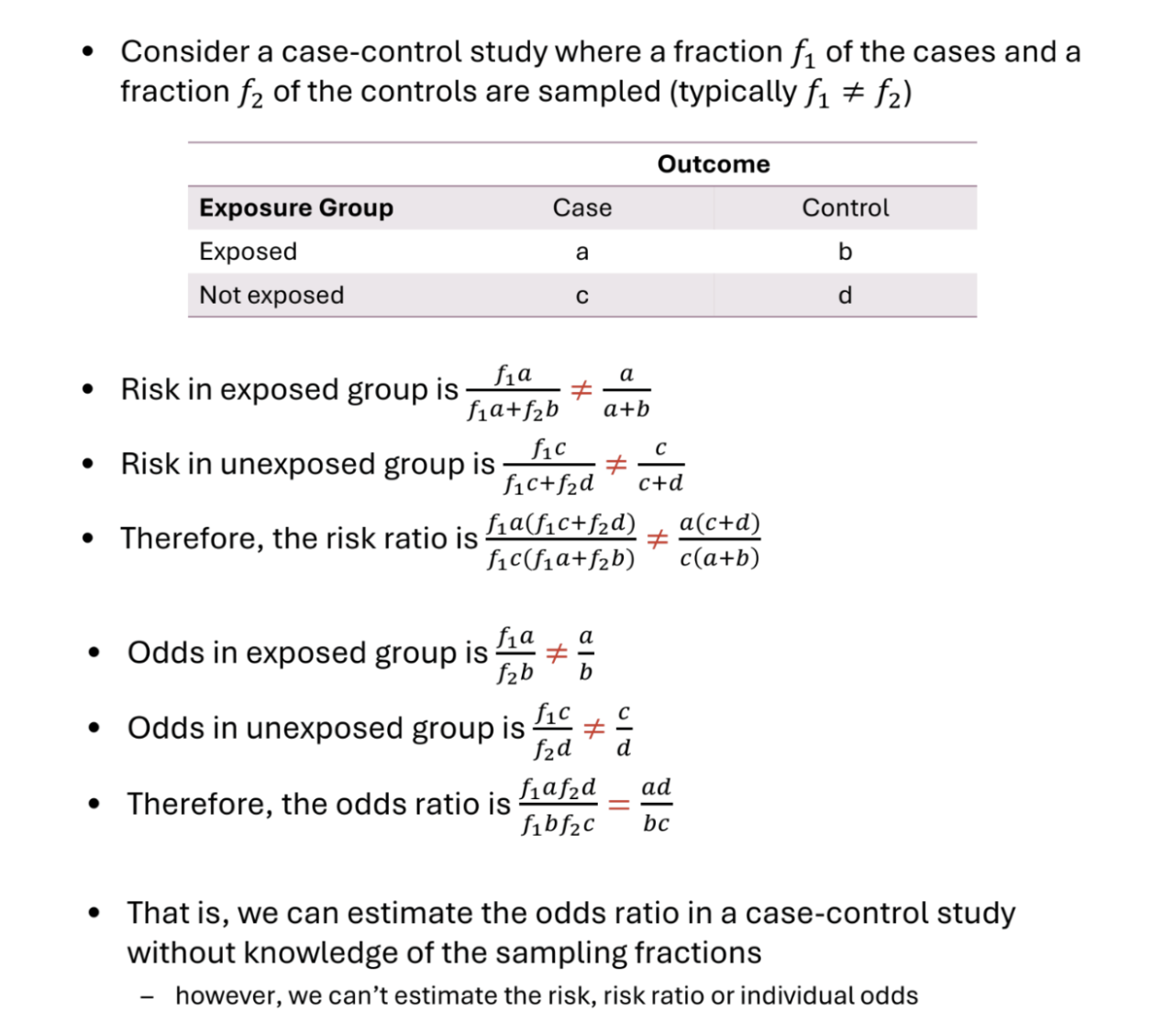 <p>The appropriate effect measure is the Odds Ratio</p><p>The ratio of the odds of the exposure in the diseased and non-diseased groups is the same as the ratio of the odds of the disease in the exposed and unexposed groups</p><p></p><p>The risk ratio is not appropriate because we elected units based on their outcome</p><p></p><p>Neither risk or (baseline) odds alone are appropriate</p>