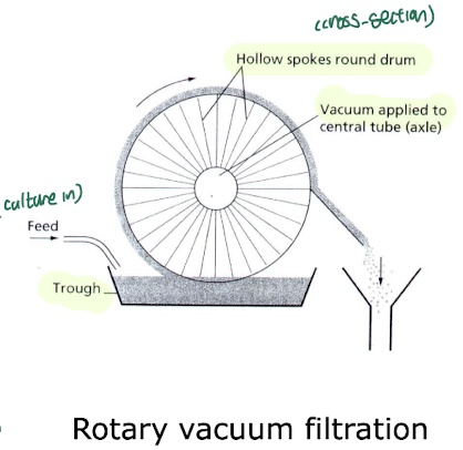 <p><strong>Centrifugation:</strong></p><ul><li><p>Large volumes can be removed</p></li><li><p>High cost of instrumentation</p></li><li><p>Used for bacteria</p></li></ul><p><strong>Filtration:</strong></p><ul><li><p>Lower cost i.e. using rotary vacuum filtration</p></li><li><p>Fungi e.g. mycelia can be easily separated</p></li></ul><p></p>