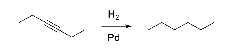 <p><strong>Syn-Additions (2x)</strong></p><p><strong>Reagents: H<sub>2 </sub>/ Pd or Pt or Ni</strong></p><p><strong>End Goal: Add H<sub>2</sub> across triple bond twice to yield alkane.</strong></p>