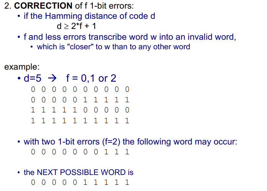 <p>d ≥ 2f + 1 (received word is "closer" to the original than to any other valid word)</p>