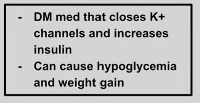 <p>glipizide, glyburide,glimepiride<br>closes K channels on beta cells causing depolarization and insulin efflux<br>diSULfiram rxn, hypoGLYcemia<br><br>ide like bur lip lime - burlap lime (cannot pronouce bc its sour)</p>