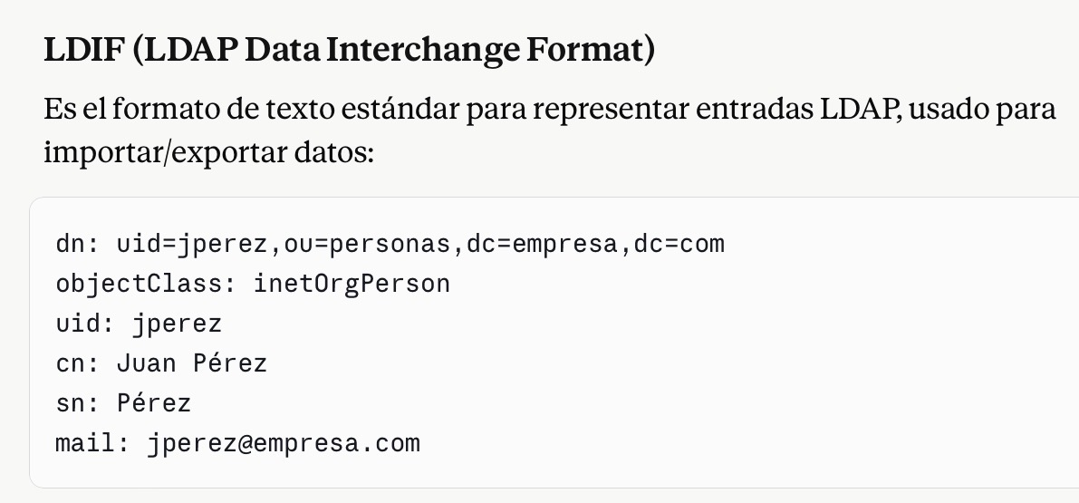 <p>LDAP Data Interchange Format. Es el formato de texto que representa una entrada LDAP y se emplea para importar/exportar información independientemente del servidor LDAP que se esté utilizando</p>