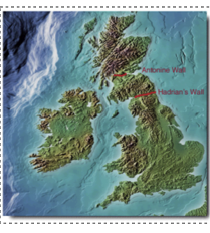 <p>73 miles long</p><p>8-10 feet wide</p><p>turrets built at intervals</p><p>made of stone and also blocks of turf</p><p>located in modern day England</p><p>wall of successor, Antoninus Pius, was 37 miles long, located in modern day Scotland</p><p></p>