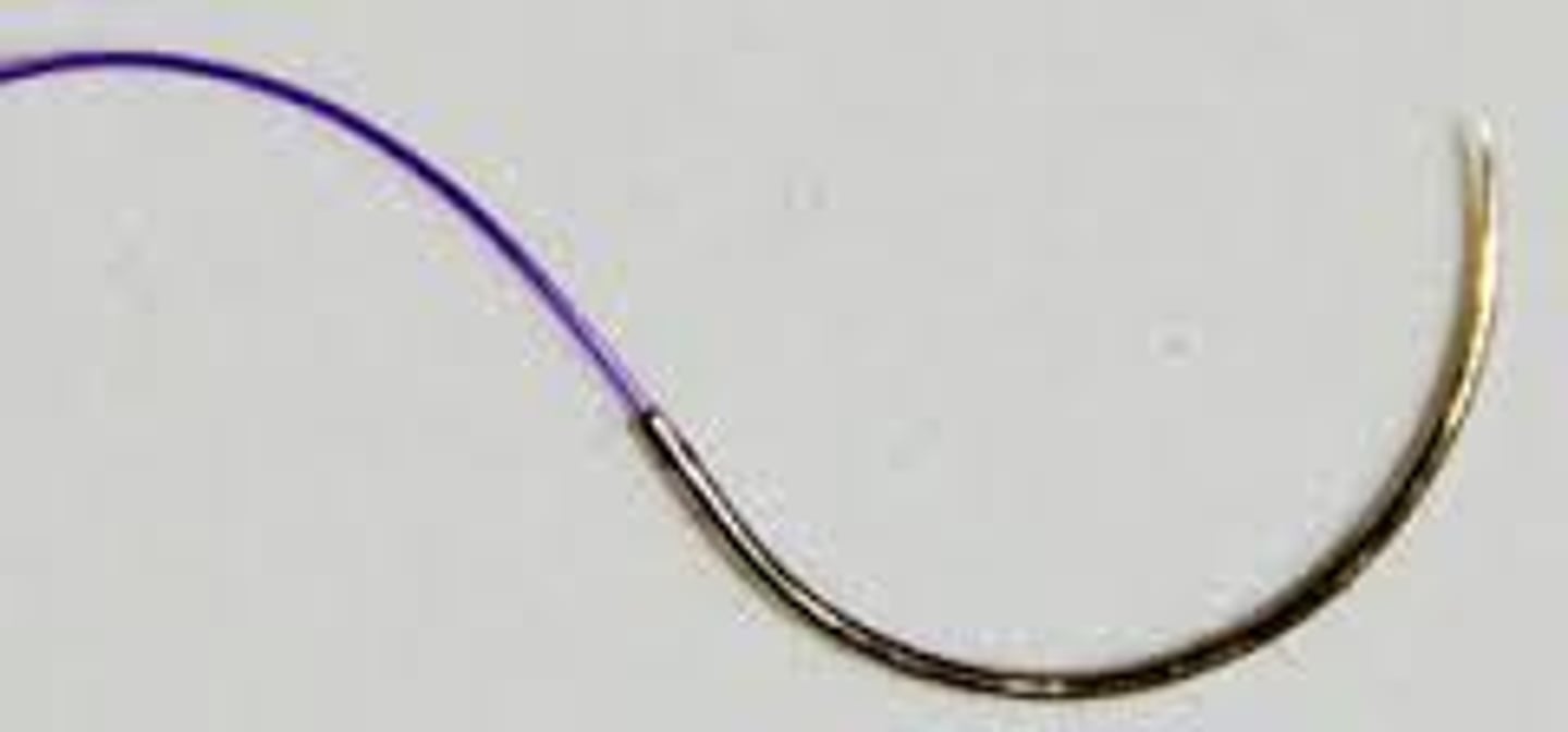 <p>-provides an already manufactured with suture strands providing less tissue damage as the suture follows the needle through the same hole causing less traumatic entrance and exit</p><p>-sometimes called pop off or control release when requiring lower uniform forces to detach its sutures</p>