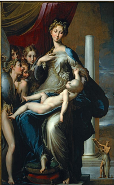 <p>Parmigianino (1534–1540), oil on wood </p><p>-body is not proportional (supper long arms)</p><p>-clearest and most famous examples of Mannerism</p><p>-stylized as Mannerism focus on elegance and style over realism</p><p>- Mannerist (or ambiguous) space.</p><p>-Mother Mary and Jesus representing individuals carelessness taking life for granted </p>