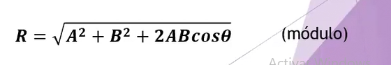 <p>el valor del modulo de la resultante es igual al modulo del vector A al cuadrado mas el vector B al cuadrado mas dos veces AB por el cos del algulo </p>