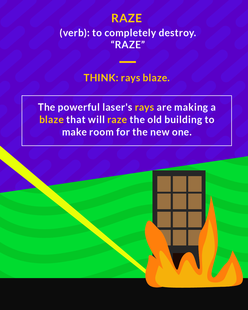 <p>(v.) to tear down, destroy completely; to cut or scrape off or out</p><p>(verb) to completely destroy</p>