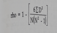 <ul><li><p>As we mentioned previously, the computation of Spearman's rho is based on the sum of squared differences between ranks on the two variables (in this case the two interviewers) for each subject (in this case each applicant). If the differences tend to be small, the correlation will be high. If the differences tend to be large, the correlation will be low.</p></li></ul><p class="p1"><strong><em><u>• The formula for spermans rho is&nbsp;</u></em></strong></p>