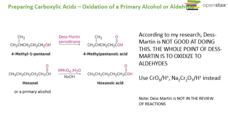 <p>Primary alcohol:</p><p>RCH₂OH</p><p>↓</p><p>oxidation</p><p>↓</p><p>aldehyde</p><p>↓</p><p>further oxidation</p><p>↓</p><p>carboxylic acid</p><p><strong>Reagents</strong>: CrO₃/H⁺ & Na₂Cr₂O₇/H⁺</p><p>Dess-Martin is <strong>not</strong> the reagent to use for this final oxidation; its role is stopping at the aldehyde.</p>