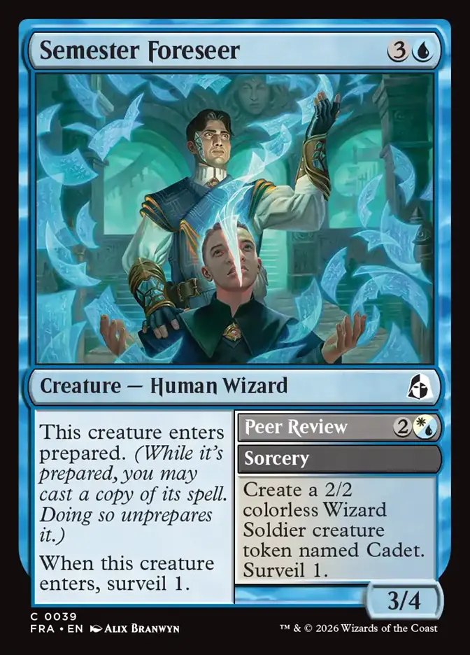 <p>This creature enters prepared. <em>(While it’s prepared, you may cast a copy of its spell. Doing so unprepares it.)</em></p><p>When this creature enters, surveil 1.</p><p><span style="background-color: transparent;">Peer Review {2}{W/U}</span></p><p class="card-text-type-line">Sorcery</p><p>Create a 2/2 colorless Wizard Soldier creature token named Cadet. Surveil 1.</p>