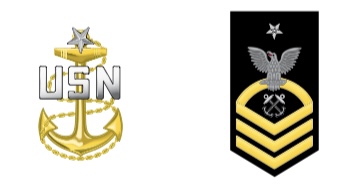 <p>Collar device (Left) : A gold fouled anchor with a silver USN superimposed across the anchor below one silver star.</p><p>Sleeve (Right) : Three chevrons below one rocker below one eagle below one star centered above the eagle.</p>