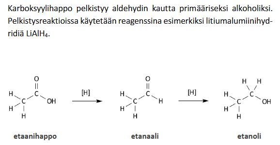 <p>Karboksyylihappo → <strong>Aldehydi → Primäärinen alkoholi</strong></p>