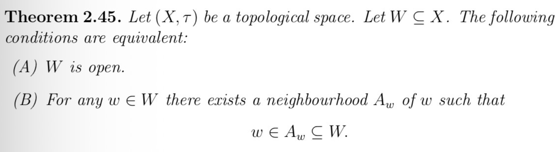 <p>A subset is open if and only if every point in the subset has an open neighbourhood contained in the subset.</p>