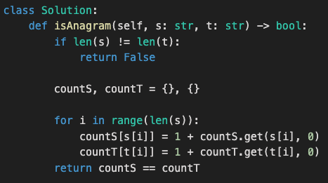 <p>Count characters in both strings; they're anagrams if the two count maps match</p><p></p><p>Approach: <strong>Hash Map</strong></p><p></p><p>Time: <strong>O(n)</strong></p><p>Space: <strong>O(1)</strong> <em>at most 26 lowercase letters</em></p>