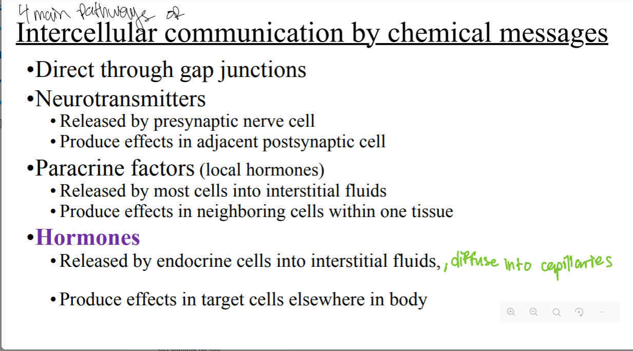 <ul><li><p>Direct through gap junctions</p></li><li><p>Neurotransmitters</p><ul><li><p>Released by presynaptic nerve cell</p></li><li><p>Produce effects in adjacent postsynaptic cell </p></li></ul></li><li><p>Paracrine factors (local hormones)</p><ul><li><p>Released by most cells into interstitial fluids</p></li><li><p>Produce effects in neighboring cells within one tissue </p></li></ul></li><li><p>Hormones </p><ul><li><p>Released by endocrine cells into interstitial fluids, diffuse into capillaries</p></li><li><p>Produce effects in target cells elsewhere in body </p></li></ul></li></ul><p></p>