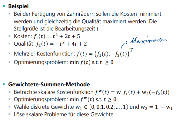 <p>Branch and Bound: Branching, Bounding, Pruning von Lösung in Entscheidungsbaum/ Teilprobleme</p><p>Heuristiken: Greedy (Sequenz lokal optimaler Entscheidungen), lokale Suche (Schrittweise lokal optimale Verbesserung ausgehend von zulässiger Startlösung)</p><p>Simulated Annealing: Erweiterung von lokaler Suche (akzeptiert mit gewisser Wahrscheinlichkeit auch Verschlechterungen, um nicht in lokalem Min stecken zu bleiben, Temperatur nimmt ab → Wahrscheinlichkeit für Verschlechterungen auch)</p><p>Evolutionäre/ genetische Algorithmen: Fitness von Population bewertet; fitte Individuen werden als Eltern gekreuzt für 1 oder 2 neue Lösungen; Teil der Nachkommen mit Mutation modifiziert; neue Population basierend auf Fitness gewählt</p><p>Skalarisierung (bei Mehrziel): z.B. gewichtete Summen Methode (einzelnen Kostenfunktionen wird Gewicht zugeordnet, dann addiert zu skalarer Kostenfunktion, dann min finden </p><p>Gradienten:</p>