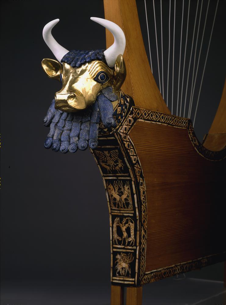 <p>Repoussé is an ancient metalworking technique in which a malleable metal is shaped by hammering from the reverse side to create intricate, raised designs</p><ul><li><p>The Bull’s Head from the Queen’s Lyre (2600 BCE)</p><ul><li><p>crafted from beaten gold over a wooden core, embellished with a lapis lazuli beard, hair, and inlaid eyes</p></li></ul></li><li><p>Made in Ur</p></li><li><p>Sumerian Culture</p></li></ul><p></p>