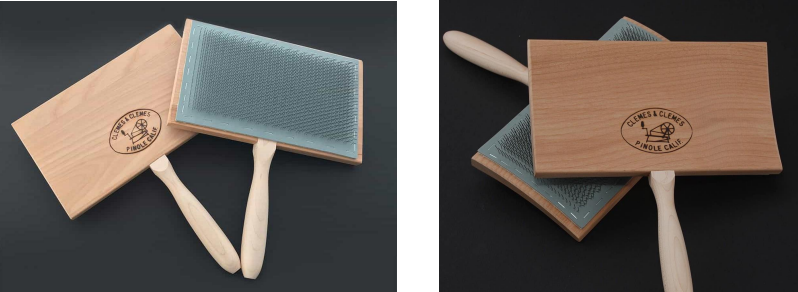 <p>a type of carder to detangle, clean, and align raw wool fibers, used in pairs, can be flat or curved, higher TPI (~108) used for cotton and other short staple fibers, lower TPI (~72) used for wool and other long staple fibers</p>