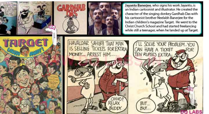 <p>Created the character of the singing donkey Gardhab Das. Wrote for the Indian children’s magazine Target. </p>