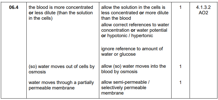 <ul><li><p>Blood is more concentrated</p></li><li><p>Water moves out of cells by osmosis → through a partially permeable membrane</p></li></ul><p></p>