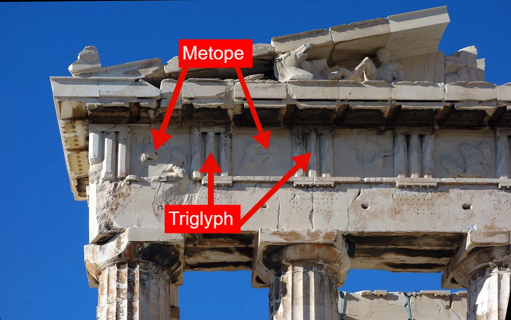 <p>The triglyph is a decorative element in Doric friezes, consisting of three vertical grooves, while the metope is the plain or decorated panel that is situated between triglyphs. </p>