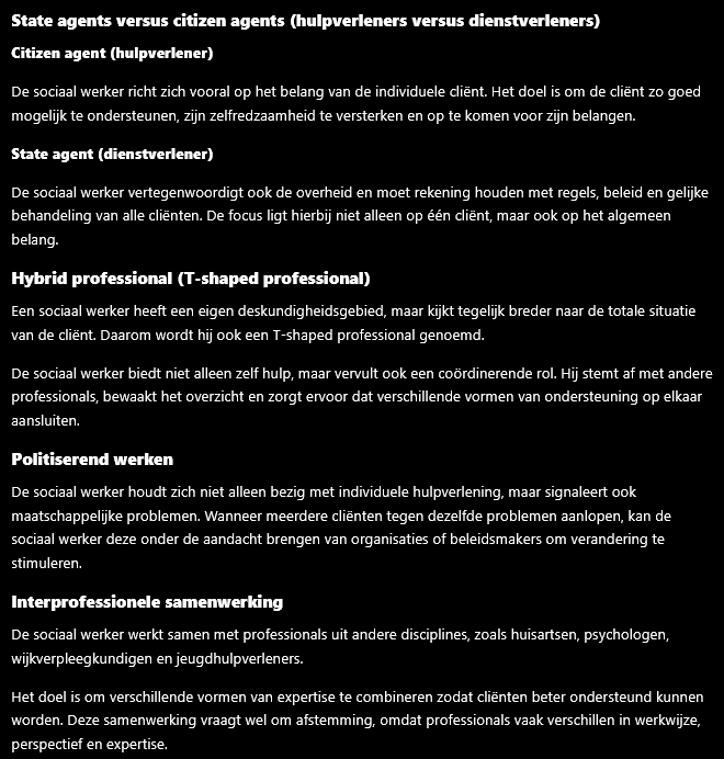 <p>hc 11: Benoemen wat de verschillende rollen zijn van de sociaal werker in wijkteams (state en citizen agent)</p><p></p><p>3/4</p>