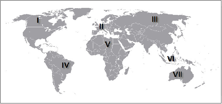<p><span>Which of the following Roman numerals indicates the location of a place or places where Tropical Climates (Tropical wet and/or Tropical wet and dry) are dominant? (Geo)</span></p>
