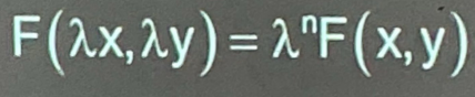 <ul><li><p>A differential equation where, x and y are replaced by λx and λy, it will be written in the form:</p></li><li><p>To solve, put y = ux then dy = udx + xdu and the differential equation reduces to variable separable.</p></li><li><p>Short cut in checking: same degree both sides</p></li></ul><p></p>