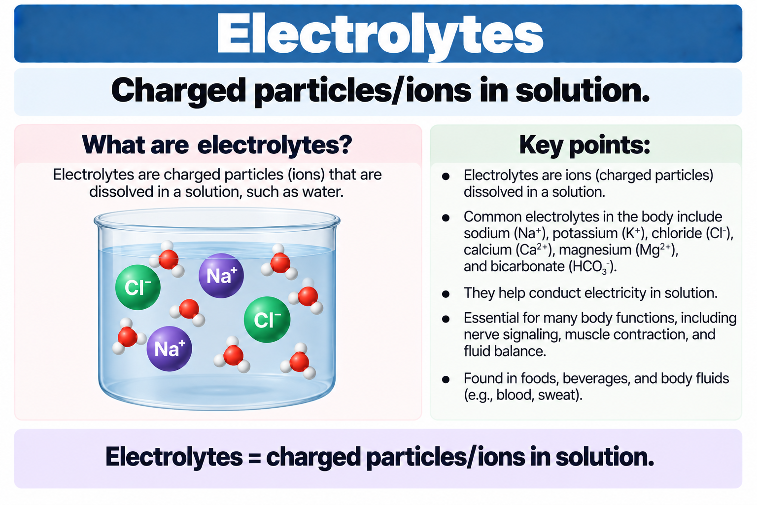 <p>Charged particles/ions in solution</p>
