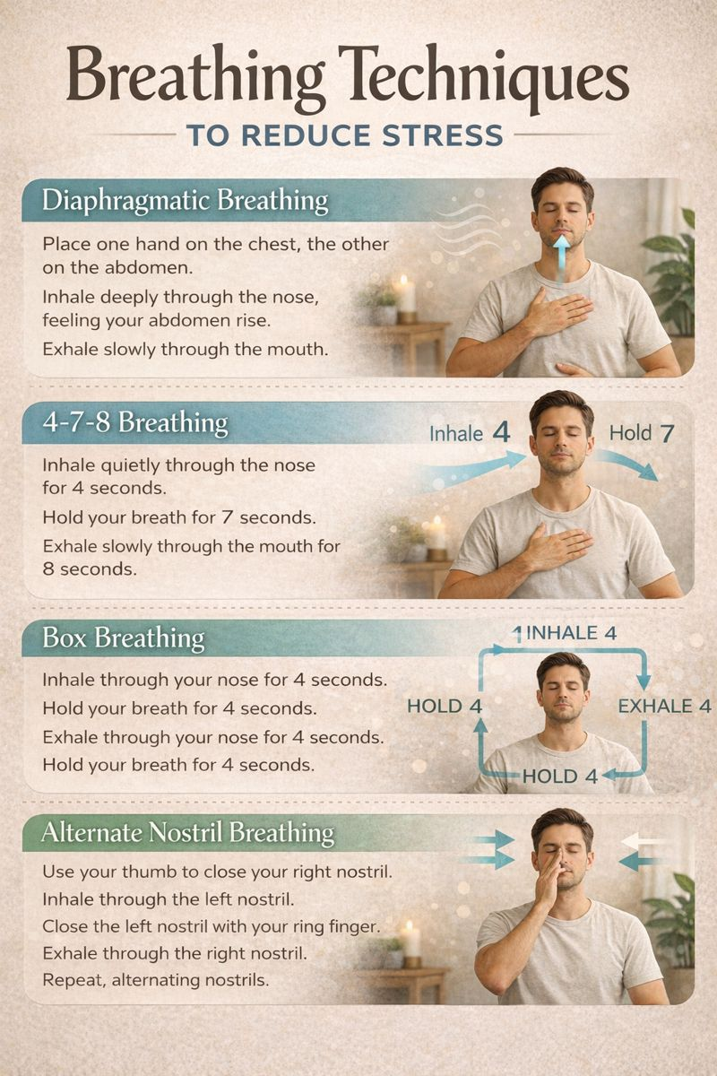 <ol><li><p>diaphragmatic breathing </p></li><li><p>box breathing </p></li><li><p>alternate nostril breathing </p></li></ol><p></p>