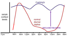 <p>a normal test: CRH from hypothalamus suppressed, so ACTH, adrenal activity, and cortisol levels should be suppressed as well.</p><p>in Cushing's: CRH suppressed, but adrenal tumor still producing ACTH (adrenal activity), and serum cortisol levels are normal.</p>