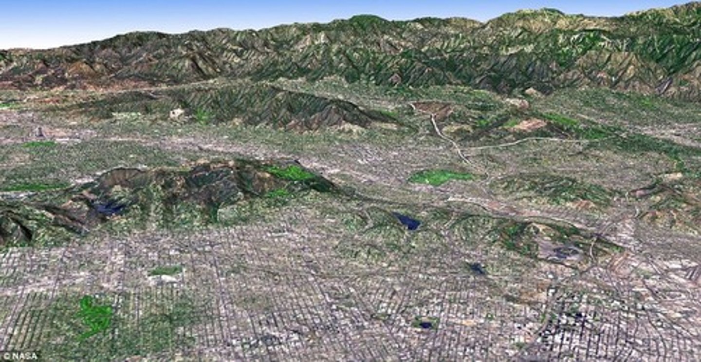 <p>The physical features of the land, such as mountains, hills, valleys, or plains.</p>