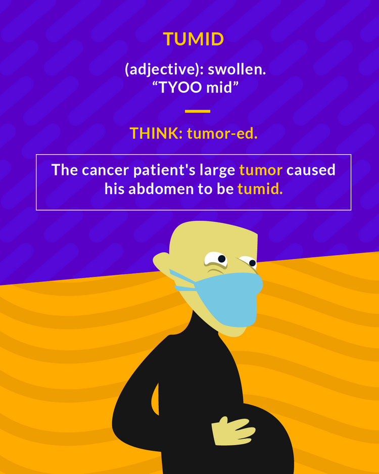 <p>(adj.) swollen, distended</p>