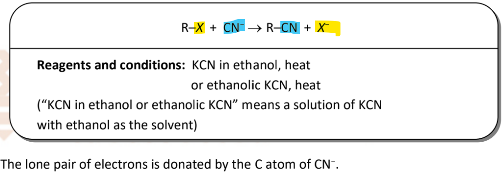 <p>RnCs: KCN in ethanol, heat OR ethanolic KCN, heat</p><p>AKA step-up reaction as carbon chain increases by 1 C atom</p>