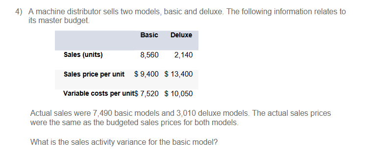<p>what is the sales activity variance for the basic model?</p>